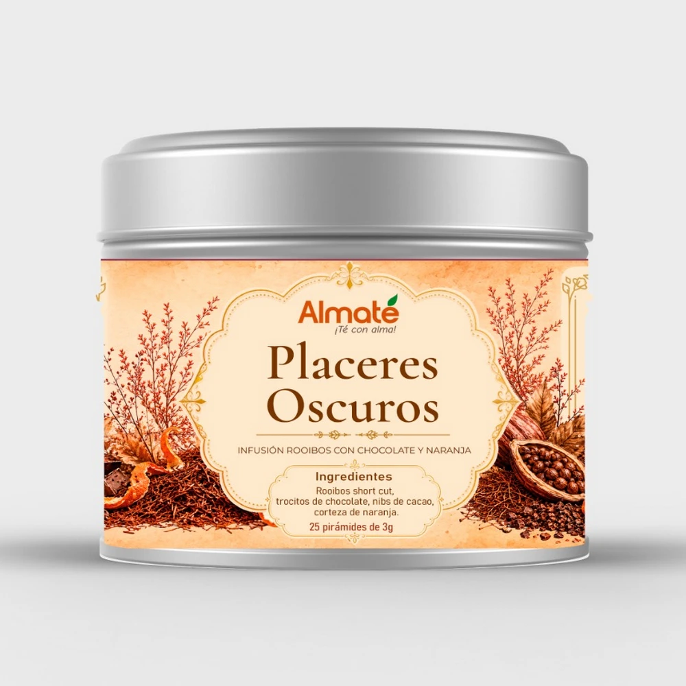 Almate Placeres Oscuros tin - rooibos, chocolate and orange infusion in 25 pyramid bags