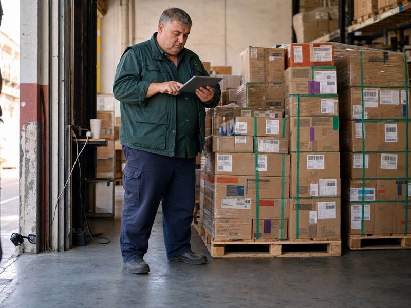 Professionnel de la distribution avec une tablette à côté de cartons étiquetés et cerclés sur palettes, devant la porte de chargement d’un entrepôt