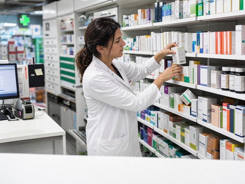 Pharmacienne en blouse blanche prenant une boîte de médicament dans les rayonnages d’une pharmacie